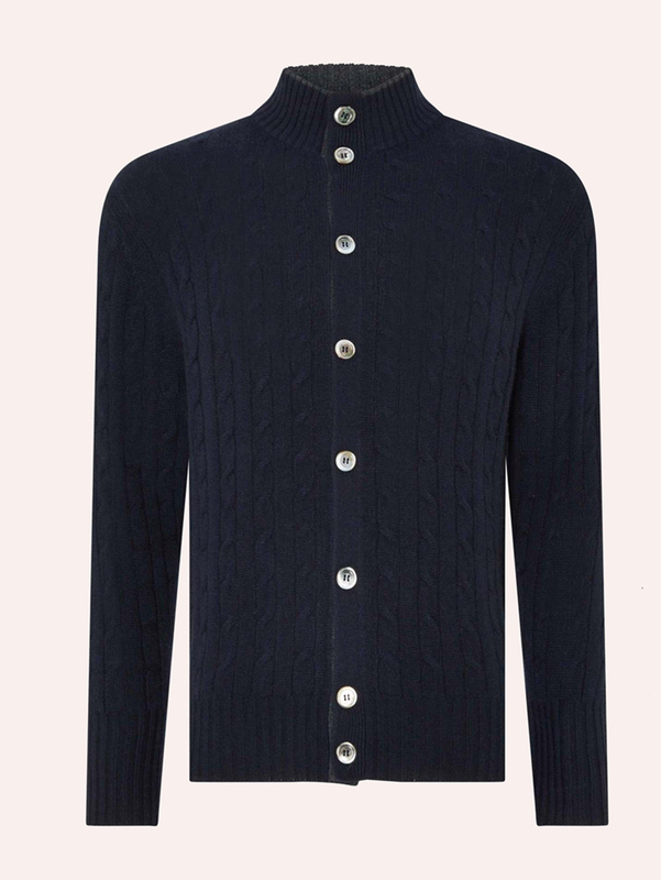 Cardigan en tricot torsadé pur cachemire pour homme avec boutons en coquillage